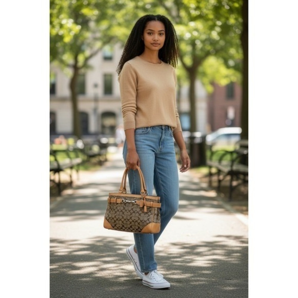 Coach‎ Signature Satchel Tote Tan Leather Trim Classic Shoulder Bag Vintage Y2K - Picture 3 of 11